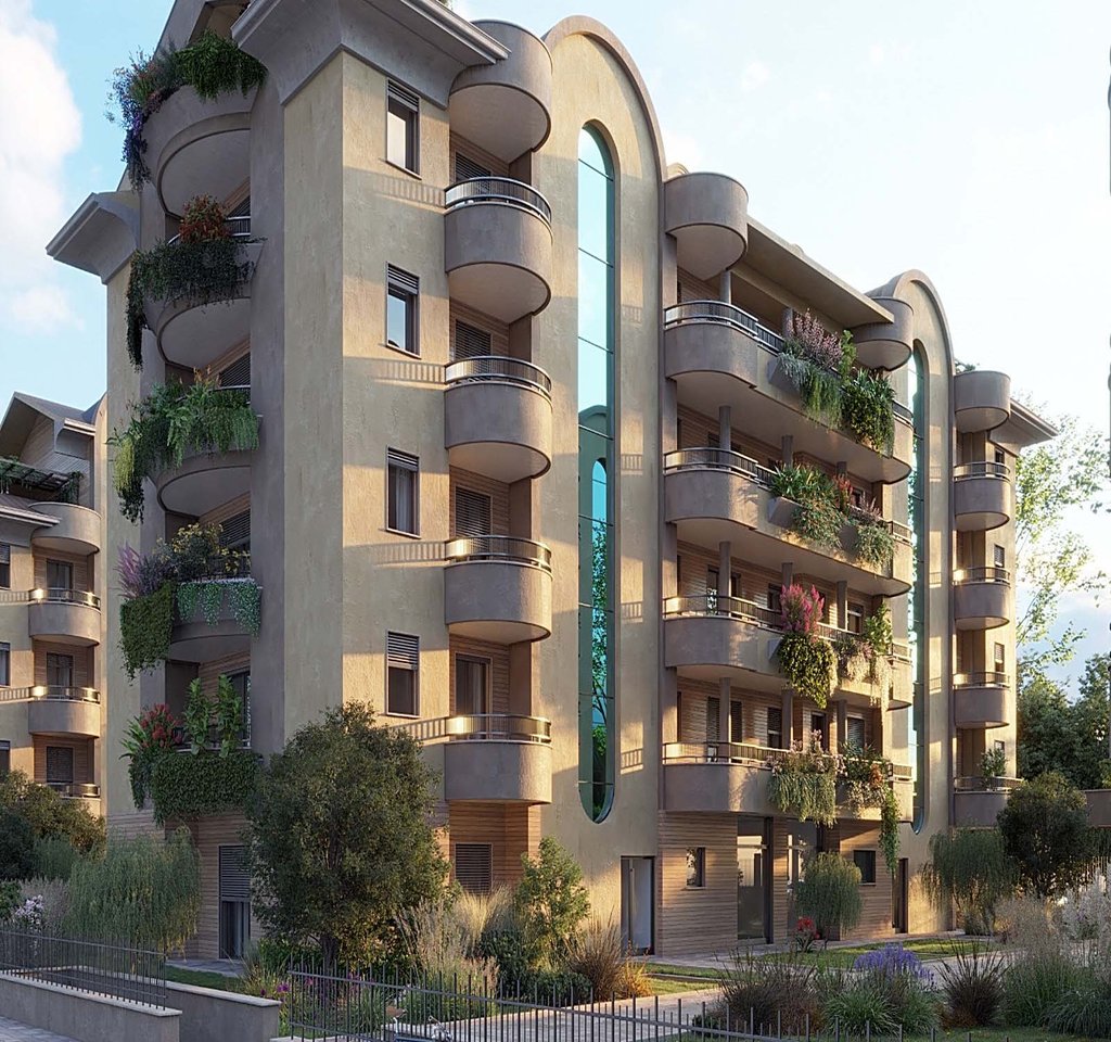 Render di progetto del Residence La Fenice: l'angolo con i balconi curvi e la torre vetrata ad arco