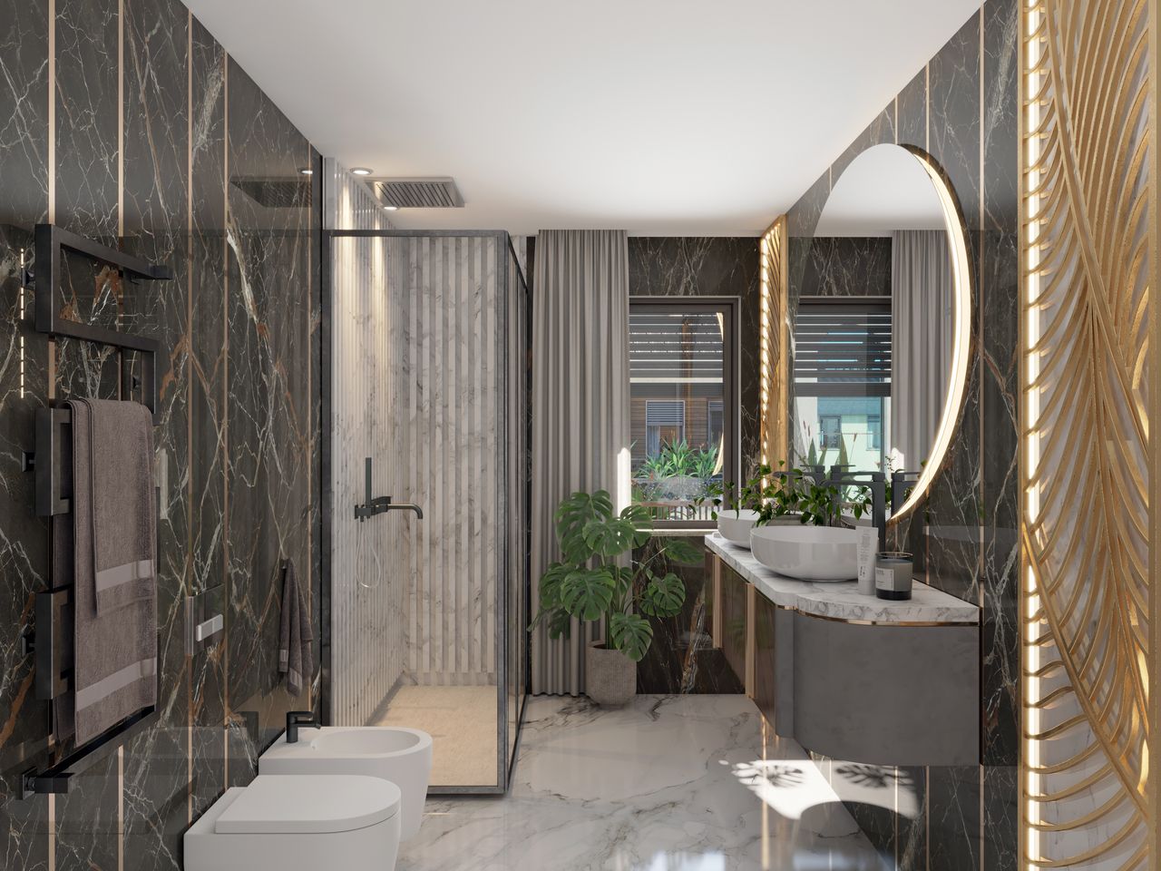 Bagno padronale del Residence La Fenice in marmo scuro, con dettagli in ottone e grande specchio retroilluminato