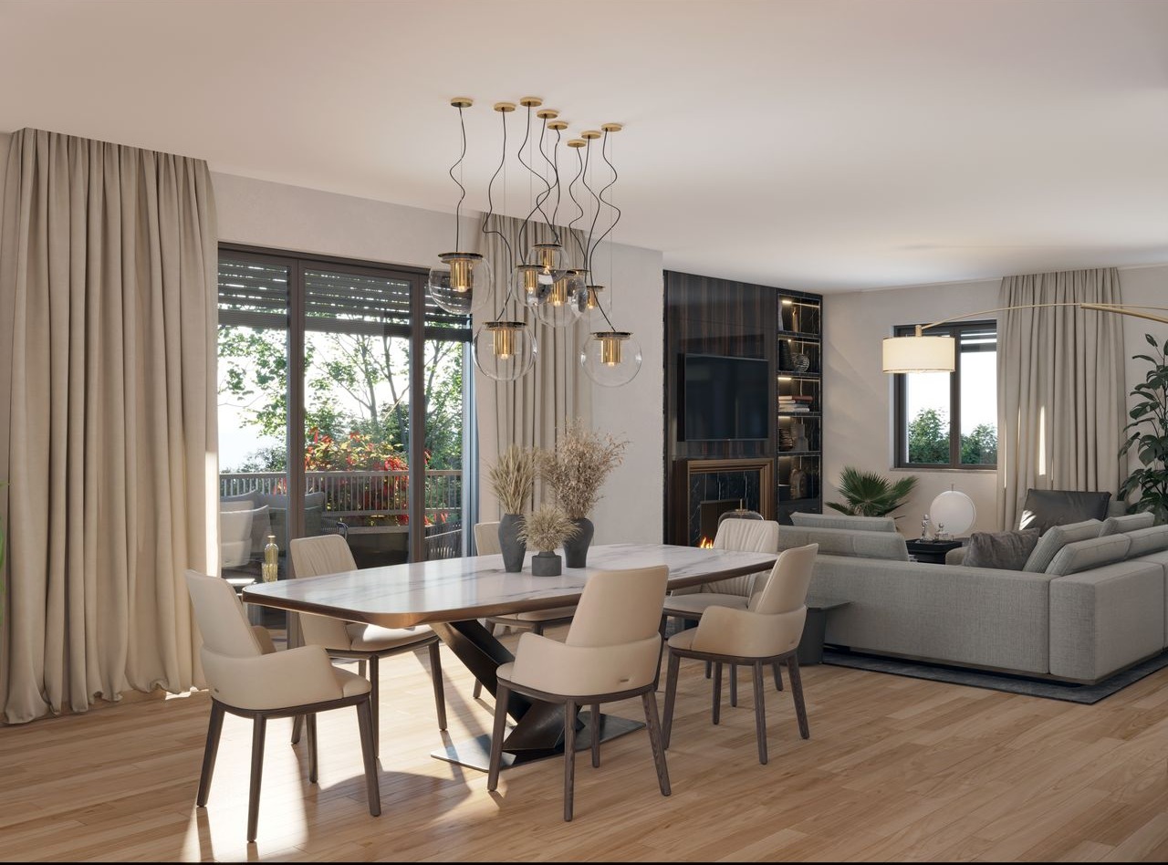 Soggiorno open space di un appartamento del Residence La Fenice: luminoso, contemporaneo, con affaccio sulla terrazza